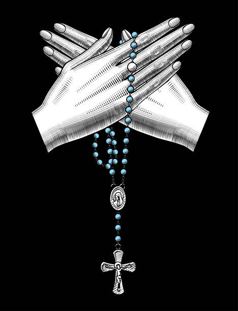 illustrazioni stock, clip art, cartoni animati e icone di tendenza di mano incrociata della donna con perline di preghiera cattoliche su nero - paternoster