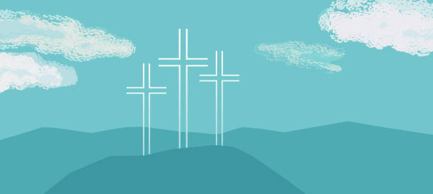Crosses on hill religion holiday vector background  drawing of the good friday stock illustrations