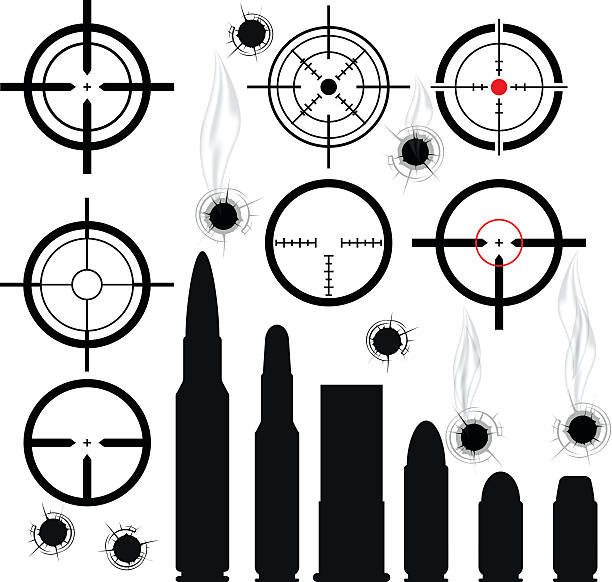Crosshairs (gun sights), bullet cartridges and bullet holes Crosshairs (gun sights), bullet cartridges and bullet holes hole illustrations stock illustrations
