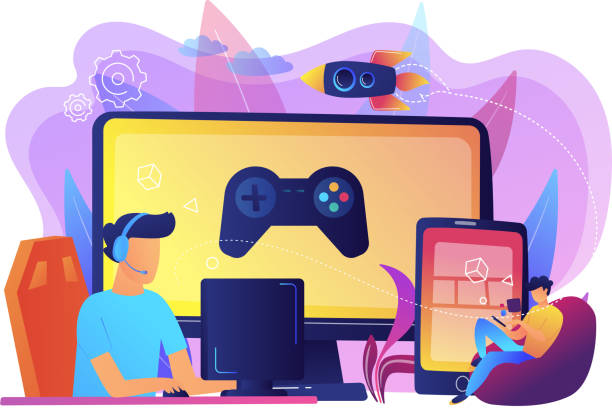 Cross-platform play concept vector illustration. Gamers play video game on different hardware platforms. Cross-platform play, cross-play and cross-platform gaming concept on white background. Bright vibrant violet vector isolated illustration video game illustrations stock illustrations