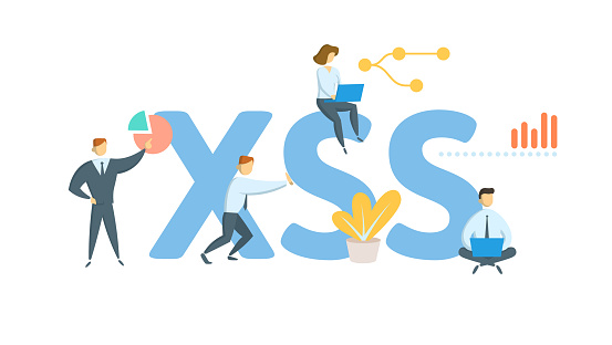 XSS, Cross-site Scripting. Concept with keyword, people and icons. Flat vector illustration. Isolated on white background.