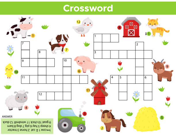 Crossword for children. Learn farm animals. English vocabulary. Kawaii cartoon vector characters. Educational game. printable cow stock illustrations
