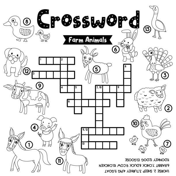 Crossword puzzle Farm animals coloring version Crosswords puzzle game of farm animals for preschool kids activity worksheet coloring printable version. Vector Illustration. printable cow stock illustrations