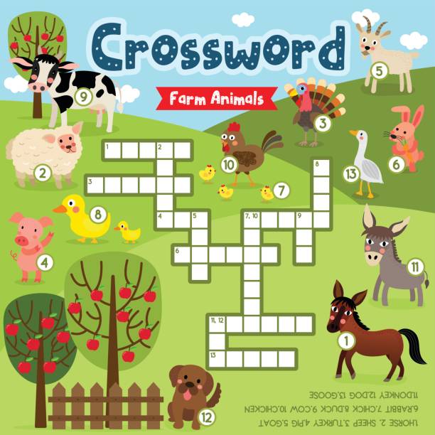 Crossword puzzle Farm animals Crosswords puzzle game of farm animals for preschool kids activity worksheet colorful printable version. Vector Illustration. printable cow stock illustrations