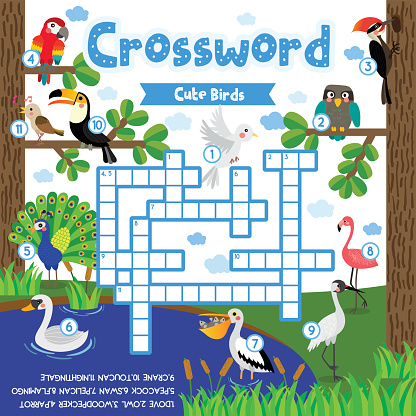 Crosswords puzzle game of cute birds animals for preschool kids activity worksheet colorful printable version. Vector Illustration.