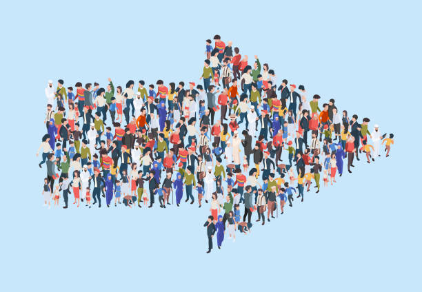 Crowd arrow. Success people walking in direction arrow shapes large growing group of persons garish vector marketing concept isometric illustration Crowd arrow. Success people walking in direction arrow shapes large growing group of persons garish vector marketing concept isometric illustration. Crowd direction, people follow to arrow following moving activity stock illustrations
