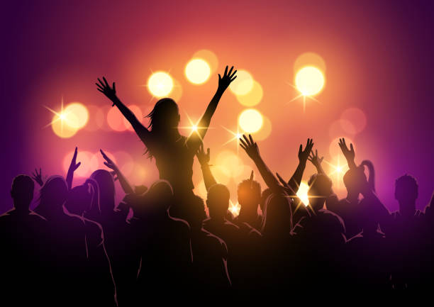 crowd at a music festival A group of young people in a crowd at a music festival concert. Vector illustration dancing silhouettes stock illustrations