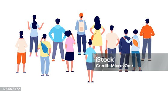 istock Crowd back view. Cartoon persons, people group standing backs. Flat public young man woman meeting, office business audience vector concept 1281073472