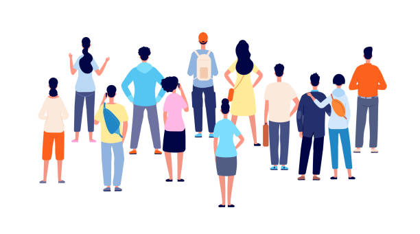 Crowd back view. Cartoon persons, people group standing backs. Flat public young man woman meeting, office business audience vector concept Crowd back view. Cartoon persons, people group standing backs. Flat public young man woman meeting, office business audience vector concept. Illustration crowd people woman and man watching ahead crowd of people stock illustrations