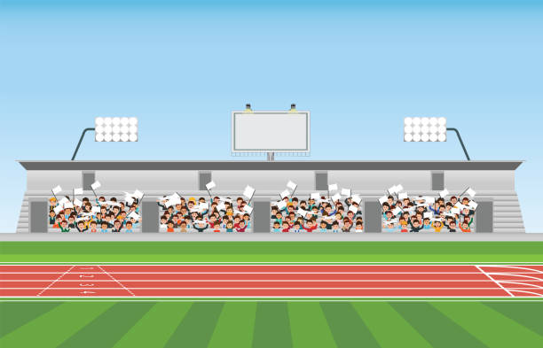 Crowd in stadium grandstand to cheering sport Crowd in stadium grandstand to cheering sport, vector illustration. cartoon of a stadium crowd stock illustrations