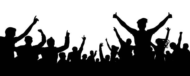Crowd of cheer silhouette. People party fan sport audience Crowd of cheer silhouette. People party fan sport audience cartoon of a stadium crowd stock illustrations