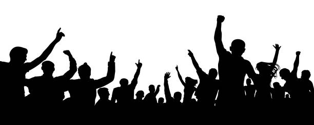 Crowd of cheerful people, applause silhouette vector. Big crowd with lots of people cheering and excited. Audience, event, mob Crowd of cheerful people, applause silhouette vector. Big crowd with lots of people cheering and excited. Audience, event, mob cartoon of a stadium crowd stock illustrations
