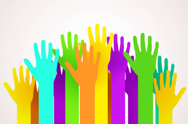 Crowd of colorful happy hands. Volunteering, charity or voting concept. Crowd of colorful happy hands. Volunteering, charity or voting concept. Vector illustration voting silhouettes stock illustrations
