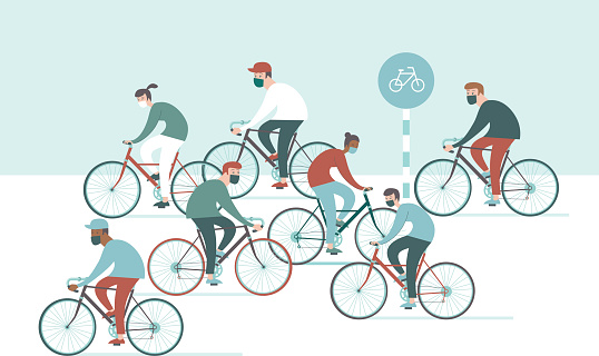 Crowd of cyclist on daily exercise wearing protective face masks during the coronavirus COVID-19 outbreak. Flat vector illustration