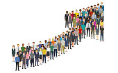 Crowd of people gathered in a grossing arrow shape.
Created with adobe illustrator.