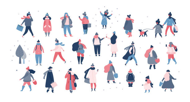 Crowd of people in warm winter clothes walking on street, going to work, talking on phone Crowd of people in warm winter clothes walking on street, running, going to work, talking on phone. Women and men with children in outerwear performing outdoor activities isolated on white background. Vector illustration in flat style cold temperature illustrations stock illustrations