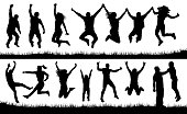 Crowd of people jumping, friends man and woman set. Cheerful girl and boy silhouette vector collection