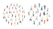 Different walking and running people. Male and female. Flat vector characters isolated on white background.