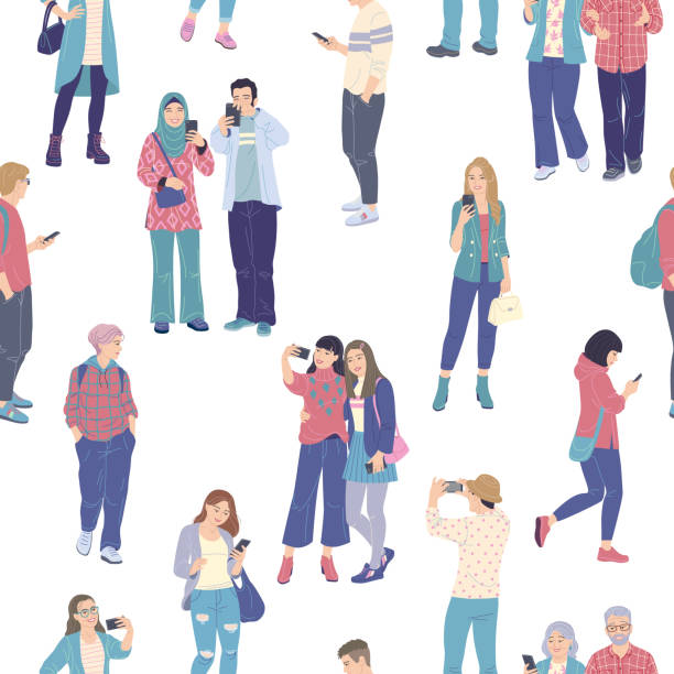 Crowd of People Using Smartphones Seamless Pattern Seamless pattern with men and women using smartphones isolated on white. Girls and guys shoot on mobile, taking selfie, texting on phones. Backdrop with crowd of people vector flat illustration. selfie patterns stock illustrations