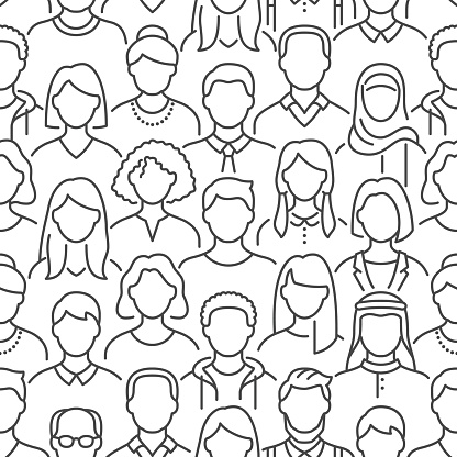 Crowd of people vector seamless pattern. Monochrome background with diverse unrecognizable business men, woman line icons. Black white color illustration.