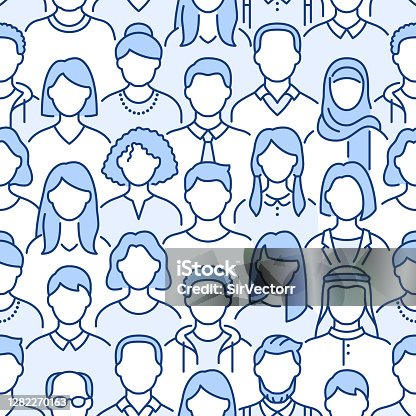 istock Crowd of people vector seamless pattern. Monochrome background with diverse unrecognizable business men, woman line icons. Blue white color illustration 1282270163