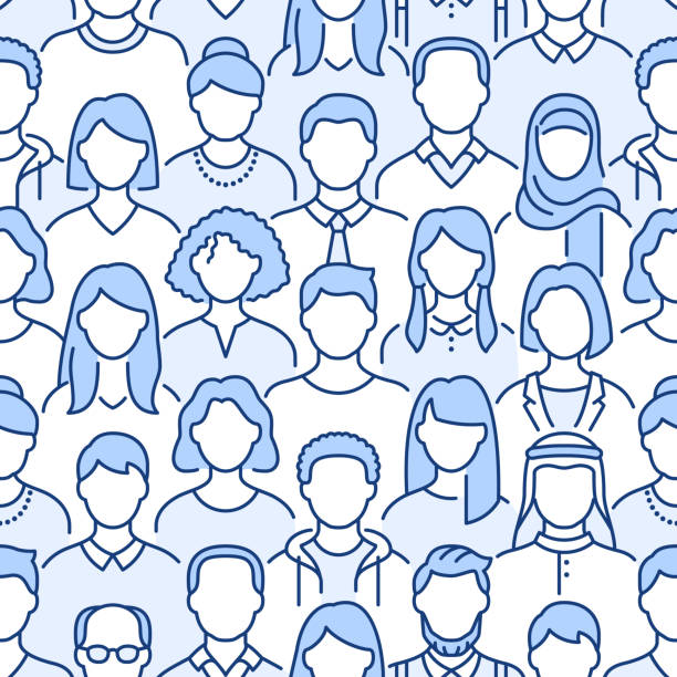 Crowd of people vector seamless pattern. Monochrome background with diverse unrecognizable business men, woman line icons. Blue white color illustration Crowd of people vector seamless pattern. Monochrome background with diverse unrecognizable business men, woman line icons. Blue white color illustration. audience stock illustrations