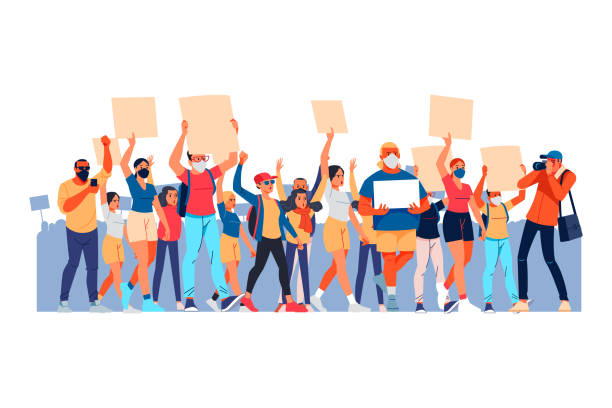 Crowd of protesting people with mask holding banners and placards. People taking part in political meeting, parade or rally. Group of male and female protesters or activists. Vector illustration Crowd of protesting people with mask holding banners and placards. People taking part in political meeting, parade or rally. Group of male and female protesters or activists. Vector illustration. angry crowd stock illustrations