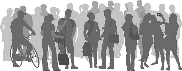 Crowd Of Students In Grey Silhouettes A vector silhouette illustration of a crowd of young adults in a group in grey including a young man on a bike,  a young couple, young professionals, and girls taking a selfie. selfie silhouettes stock illustrations