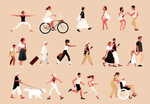 Crowd of tiny people wearing stylish clothes. Crowd of tiny people. Outdoor activities. Group of male and female cartoon characters walking, dancing, running, doing yoga, cycling. Flat vector illustration. latin family stock illustrations