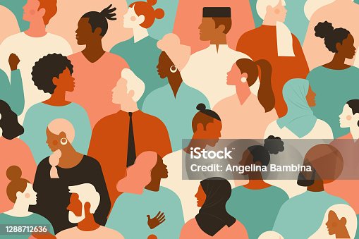 istock Crowd of young and elderly men and women in trendy hipster clothes. Diverse group of stylish people standing together. Society or population, social diversity. Flat cartoon vector illustration. 1288712636
