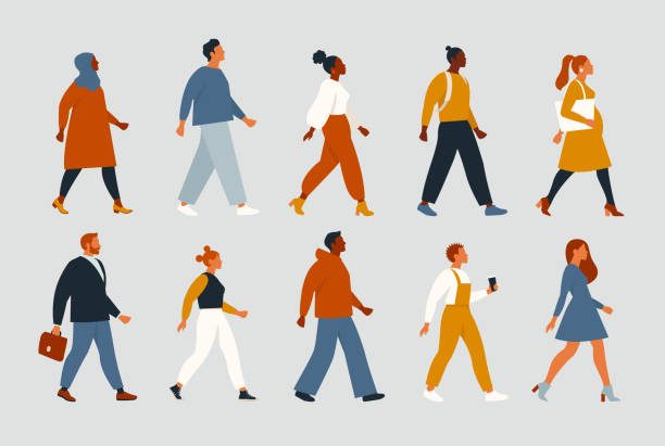 ilustrações de stock, clip art, desenhos animados e ícones de crowd of young and elderly men and women in trendy hipster clothes. the diverse group of stylish people going together. society, social diversity. flat cartoon vector illustration. - woman walk