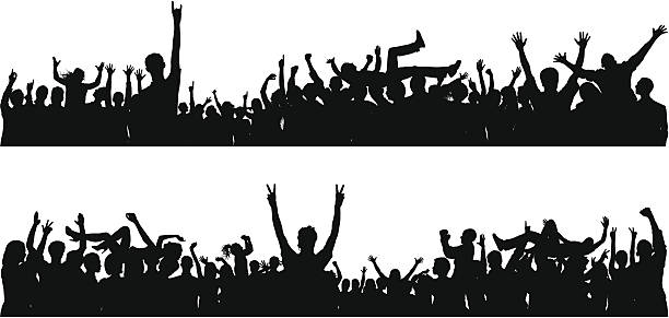 Crowd (82 Detailed Silhouettes, Complete Down to the Waste) Each person is separate, unique, detailed, and complete down to the waste. The crowd surfers are easy to remove if necessary. I've tried to give a good sense of perspective and movement. There are 82 equally detailed silhouettes in this image. metal silhouettes stock illustrations