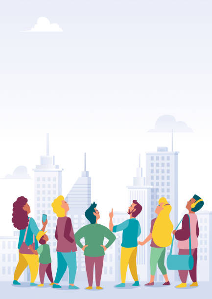 Crowd with City Background Flat design of a crowd of people looking up at your message or product. looking up stock illustrations