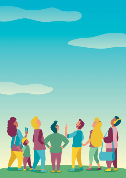 Crowd with Nature Background Flat design of a crowd of people looking up at your message or product. looking up stock illustrations