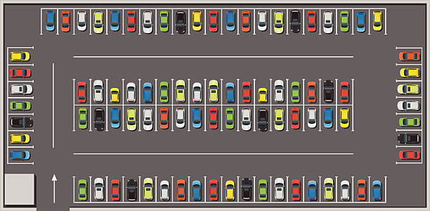 Crowded Car Parking Top View of Crowded Parking Lot. parking stock illustrations