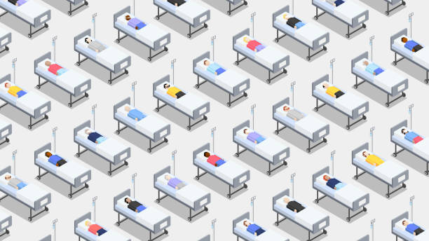 Crowded hospital with closely standing hospital beds vector art illustration