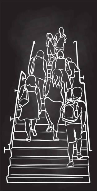 ilustrações de stock, clip art, desenhos animados e ícones de crowded stairs chalkboard - stairs subway