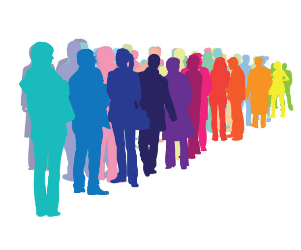 Crowded Wait Lines Perspective crowd of brightly colored people businessman borders stock illustrations