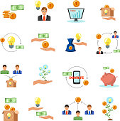 Online crowdfunding alternative finance crowdsourcing money raising for projects via internet flat icons symbols collection vector illustration
