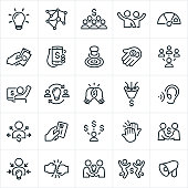 A set of crowdfunding icons. The icons include people raising money, business idea conception, social media, goals, making money, ideas, entrepreneurs, business people, people, high five, fist bump and a megaphone to name a few.