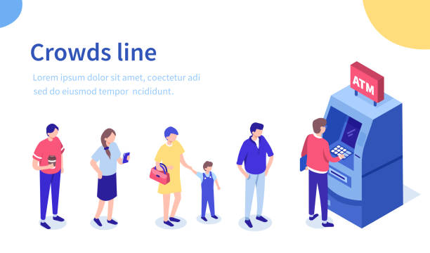 crowds line People waiting in line near atm machine. Can use for web banner, infographics, hero images. Flat isometric vector illustration isolated on white background. banks and atms stock illustrations