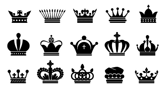 Crown black icons. Royal princess or prince symbol silhouette, king and queen monarch logo collection. Isolated contour medieval imperial headdresses. Vector elegance luxury coronation headwear set