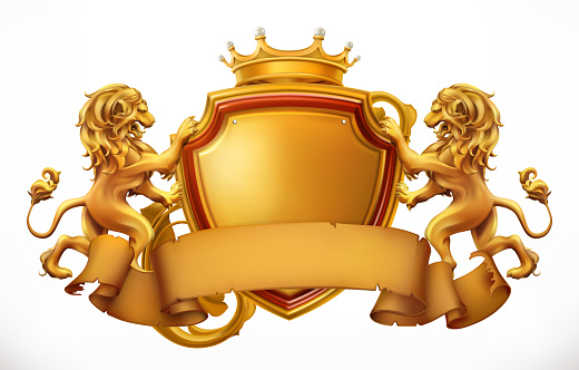Crown, lions and shield. 3d vector icon