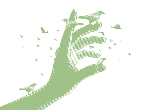 Vector illustration of Crows perching on a large hand