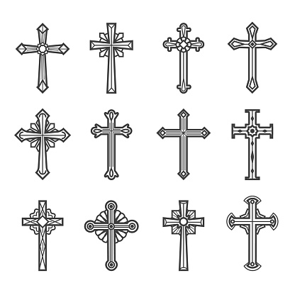 Crucifix images. Jesus christ vintage crosses vector illustration for tattoos and religious ornate decoration isolated on white background
