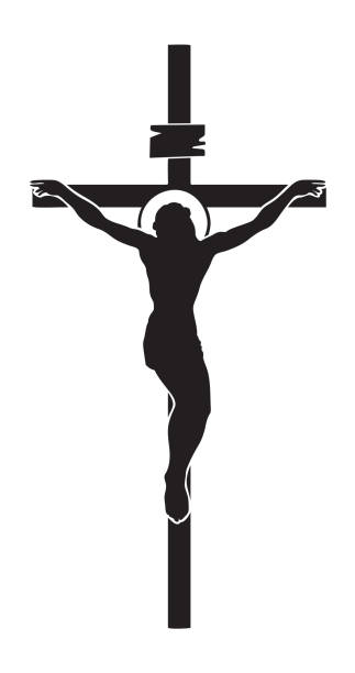 Crucifixion of Jesus Christ, a religious symbol Vector illustration of religious symbol crucifix. Jesus Christ, the Son of God with a halo on his head, a symbol of Christianity. Cross with crucifixion crucifix stock illustrations