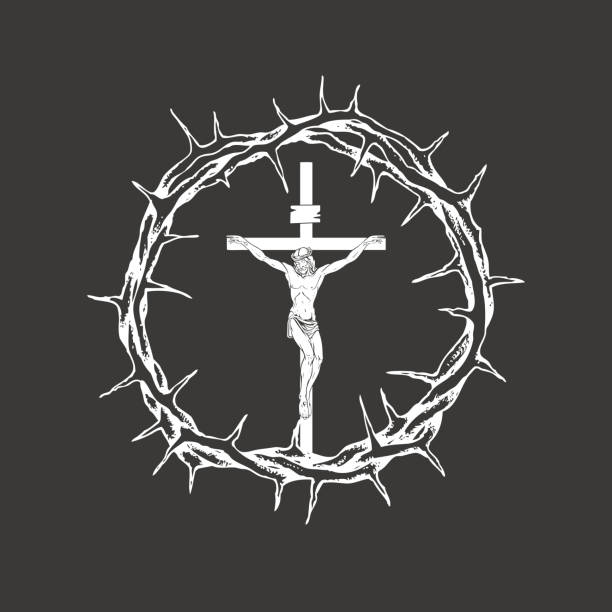 Crucifixion of Jesus Christ inside the crown of thorns  drawing of the good friday stock illustrations