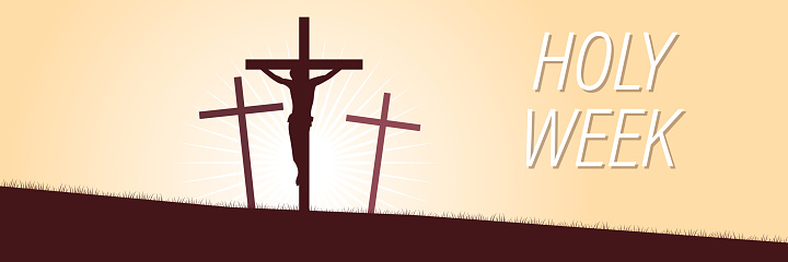 Crucifixion of Jesus Christ on the cross at Calvary against a sunset. Vector illustration
