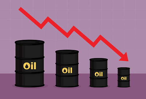 Crude oil with a red arrow goes down