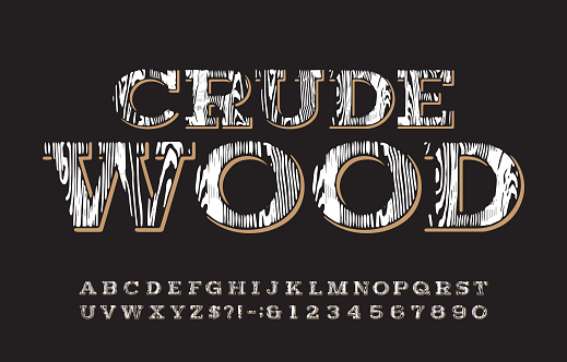 Crude wood alphabet font. Vintage messy letters and numbers for label, badge or emblem design.
